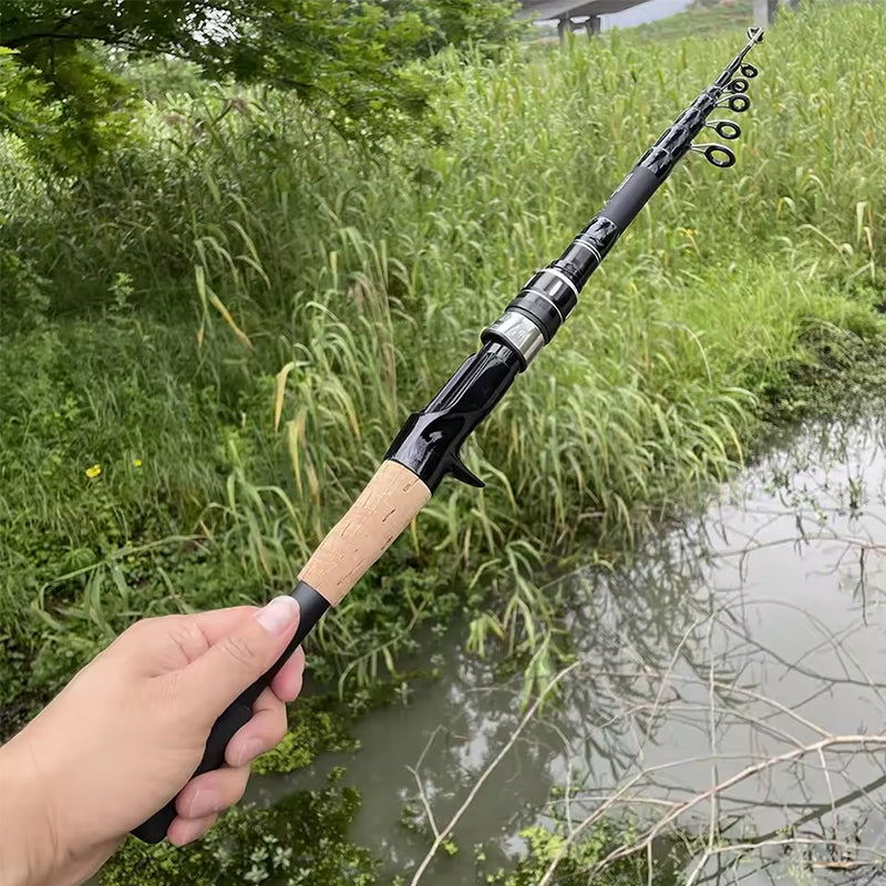 Telescopic Carbon Fishing Rod Baitcasting Rotary Wooden Handle