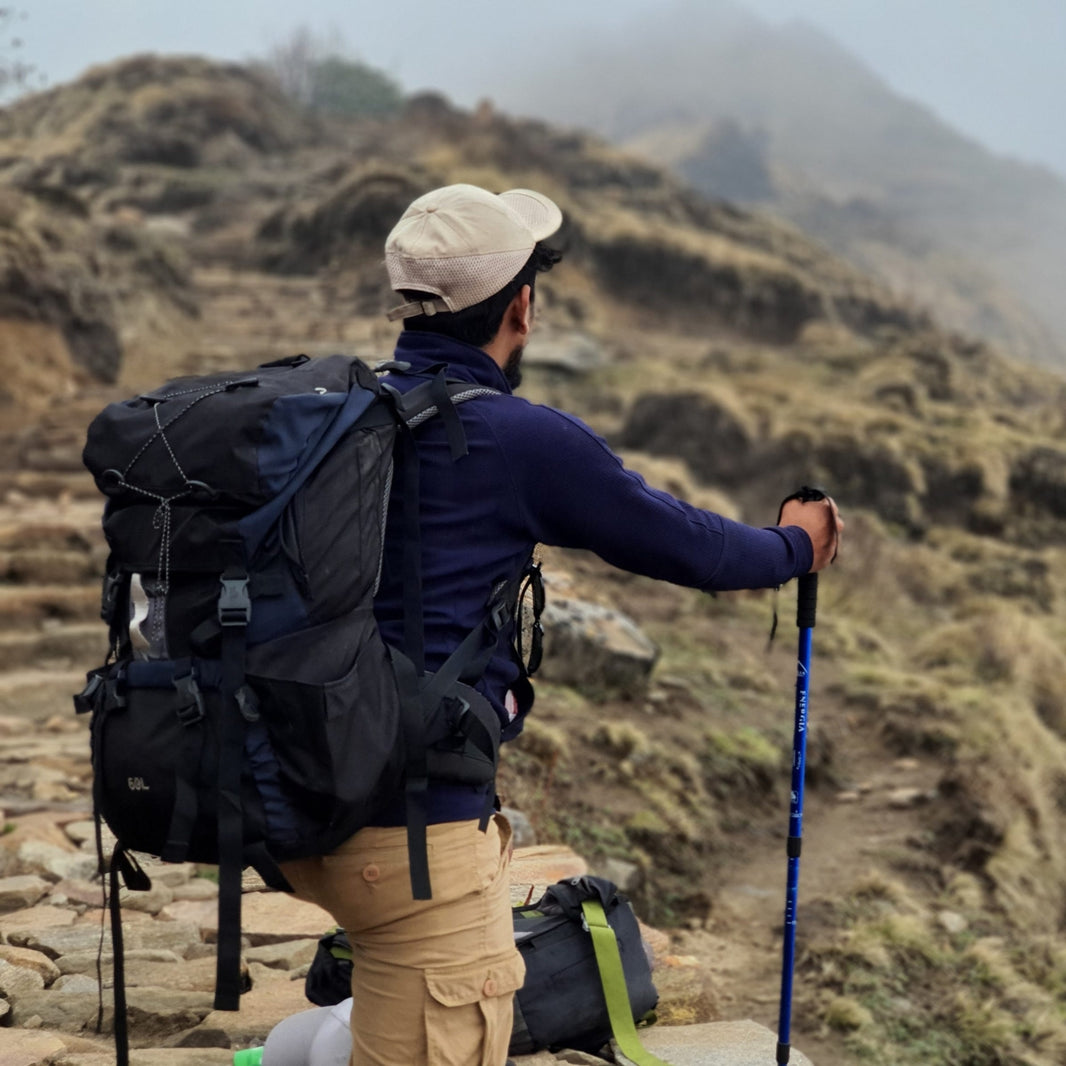 Hiker with a backpack and walking stick overlooking a mountainous landscape