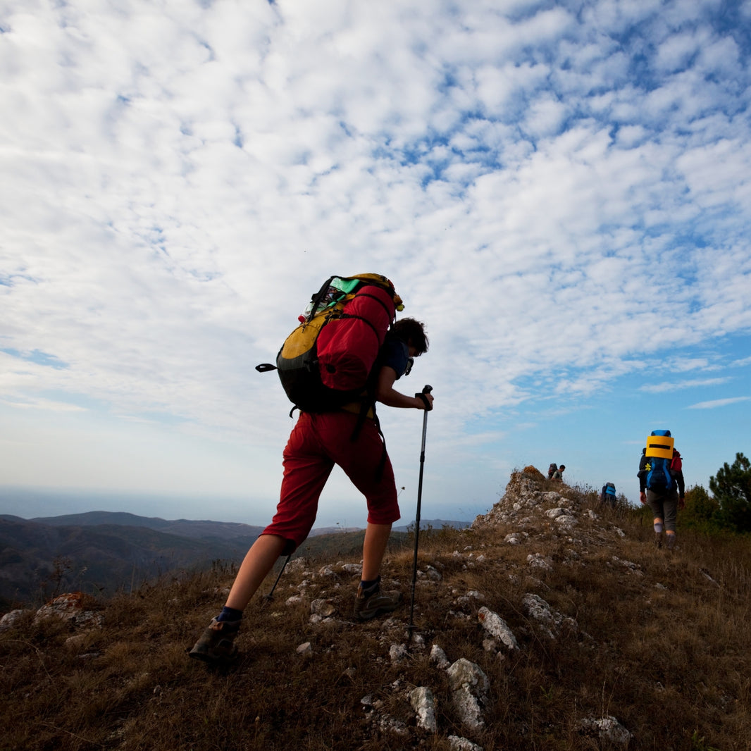 Hikers on a mountain with backpacks and hiking poles against a cloudy sky.